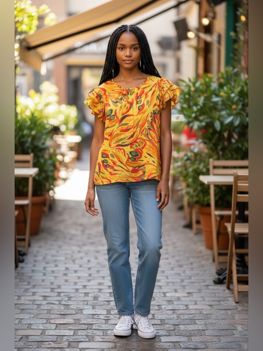NWNT Terra & Sky Yellow Floral Ruffle-Sleeve Blouse 💯 Cotton